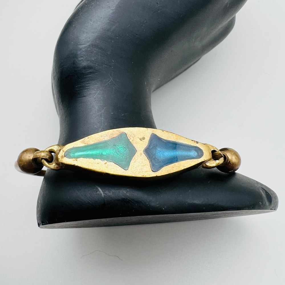 Vintage Brass Tone Bangle Bracelet Blue Green Inlay Boho‎ Artisan Chic